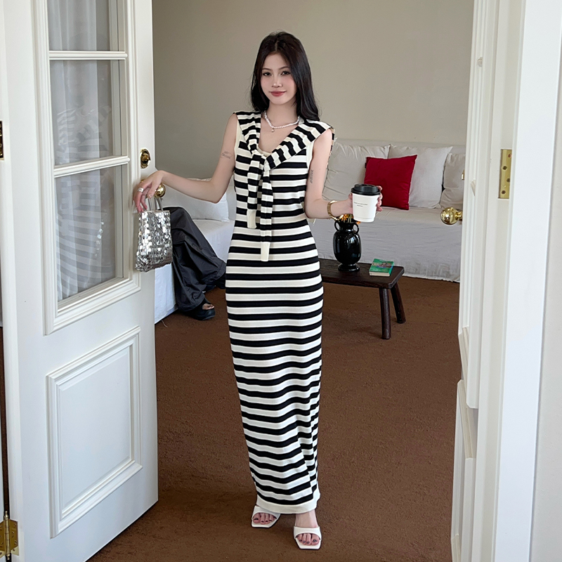 Stripe summer long dress temperament dress 2pcs set