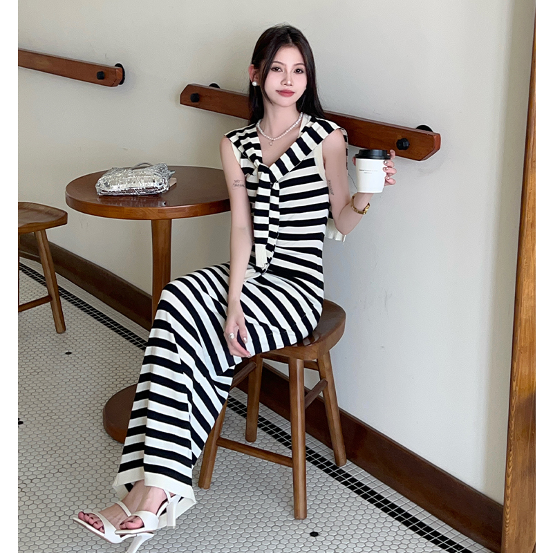 Stripe summer long dress temperament dress 2pcs set