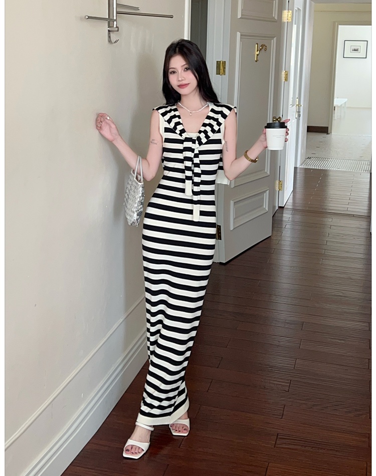 Stripe summer long dress temperament dress 2pcs set