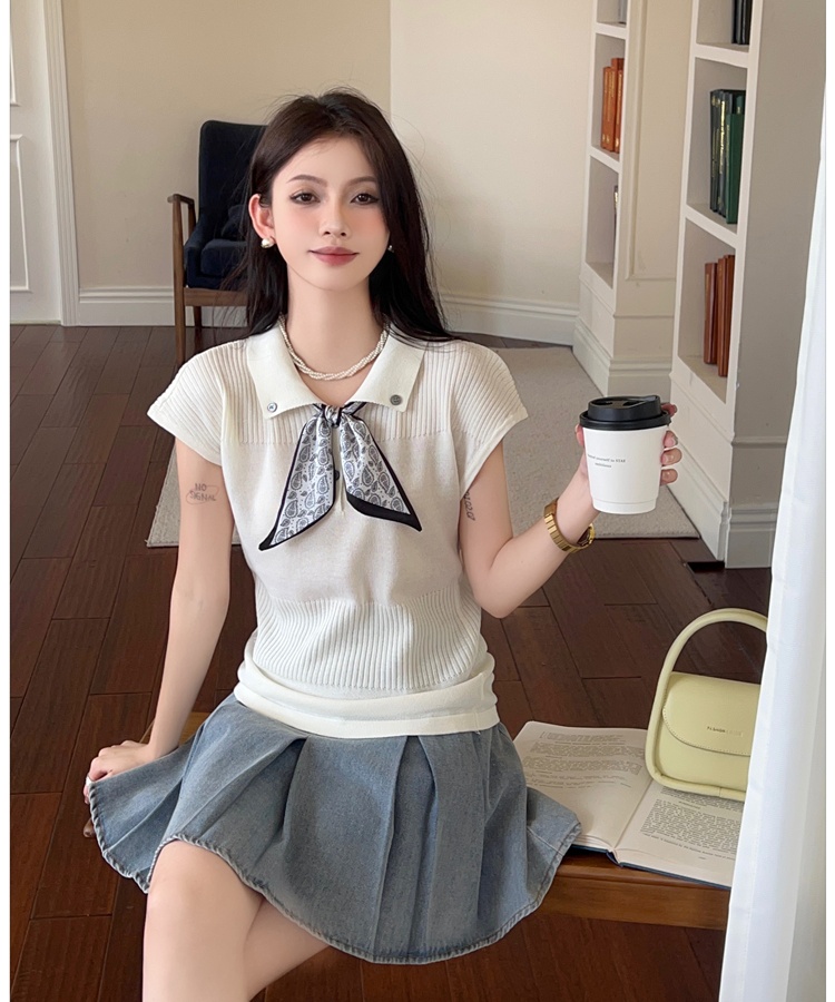 Slim summer scarves bow knitted tops for women