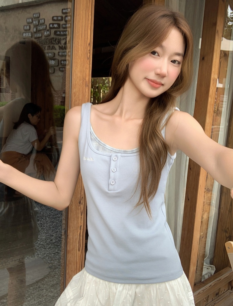 Summer Pseudo-two vest square collar small shirt for women