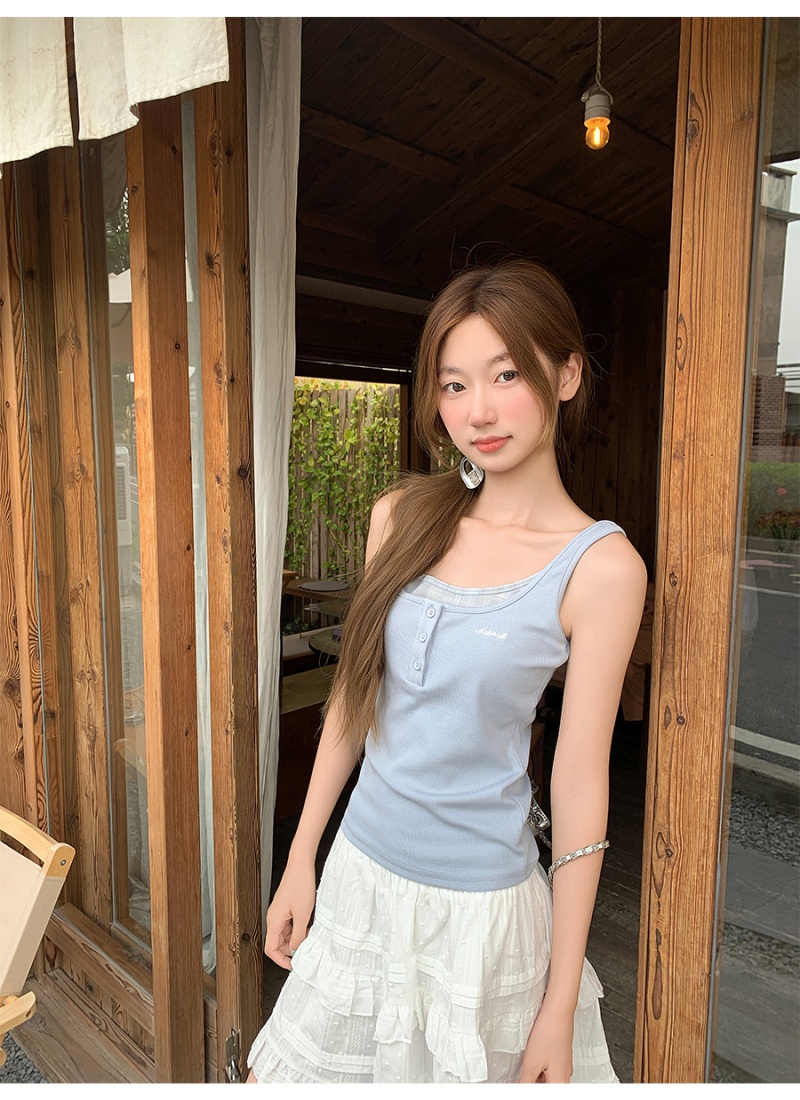Summer Pseudo-two vest square collar small shirt for women