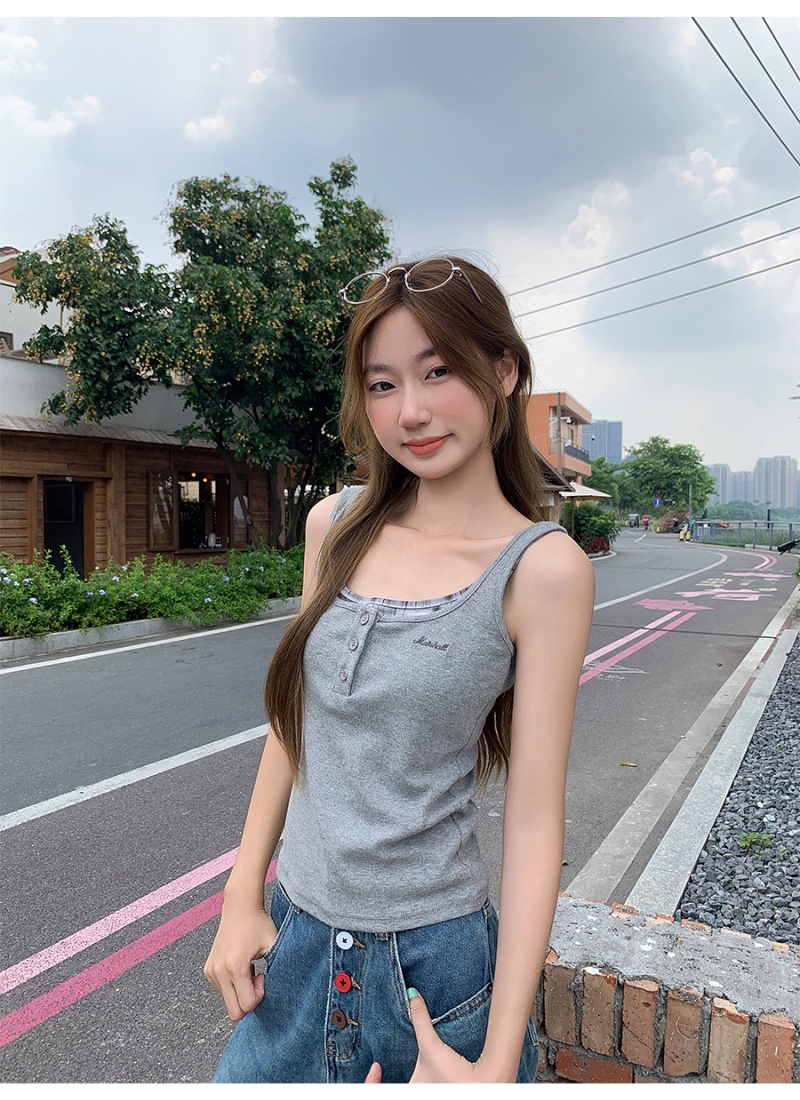 Summer Pseudo-two vest square collar small shirt for women