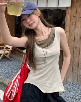 Pseudo-two short T-shirt splice irregular hem tops for women
