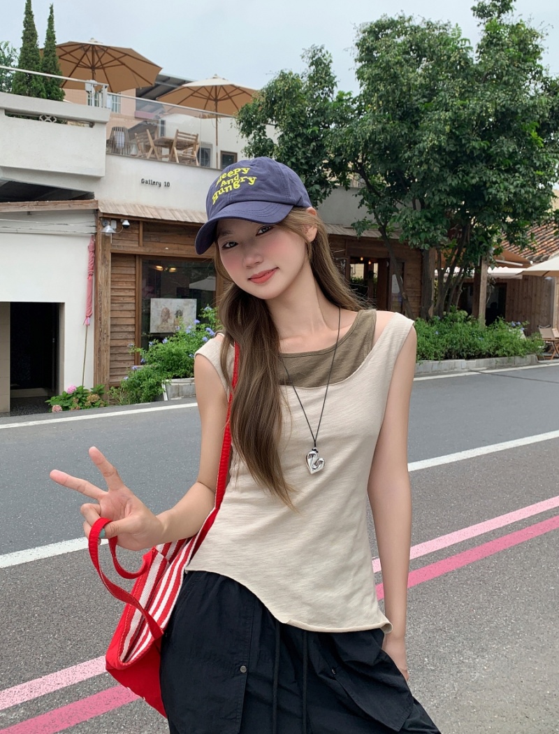 Pseudo-two short T-shirt splice irregular hem tops for women