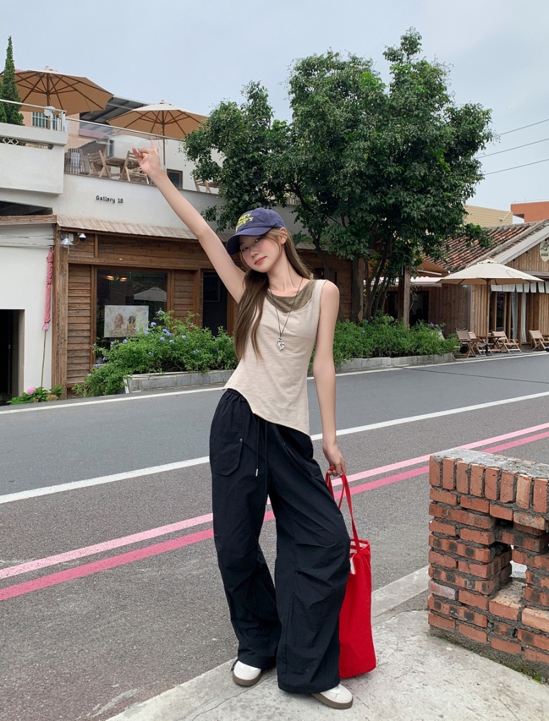 Pseudo-two short T-shirt splice irregular hem tops for women
