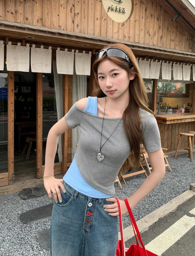 Pseudo-two short strapless tops slim unique T-shirt