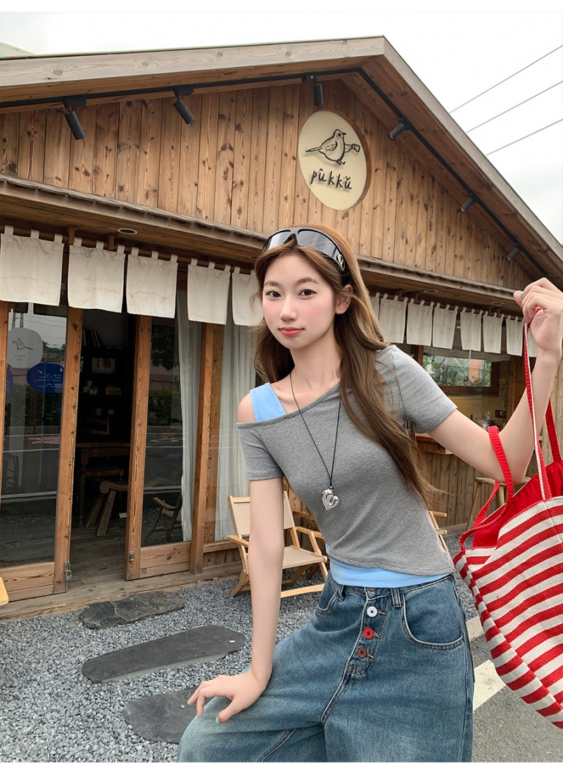 Pseudo-two short strapless tops slim unique T-shirt