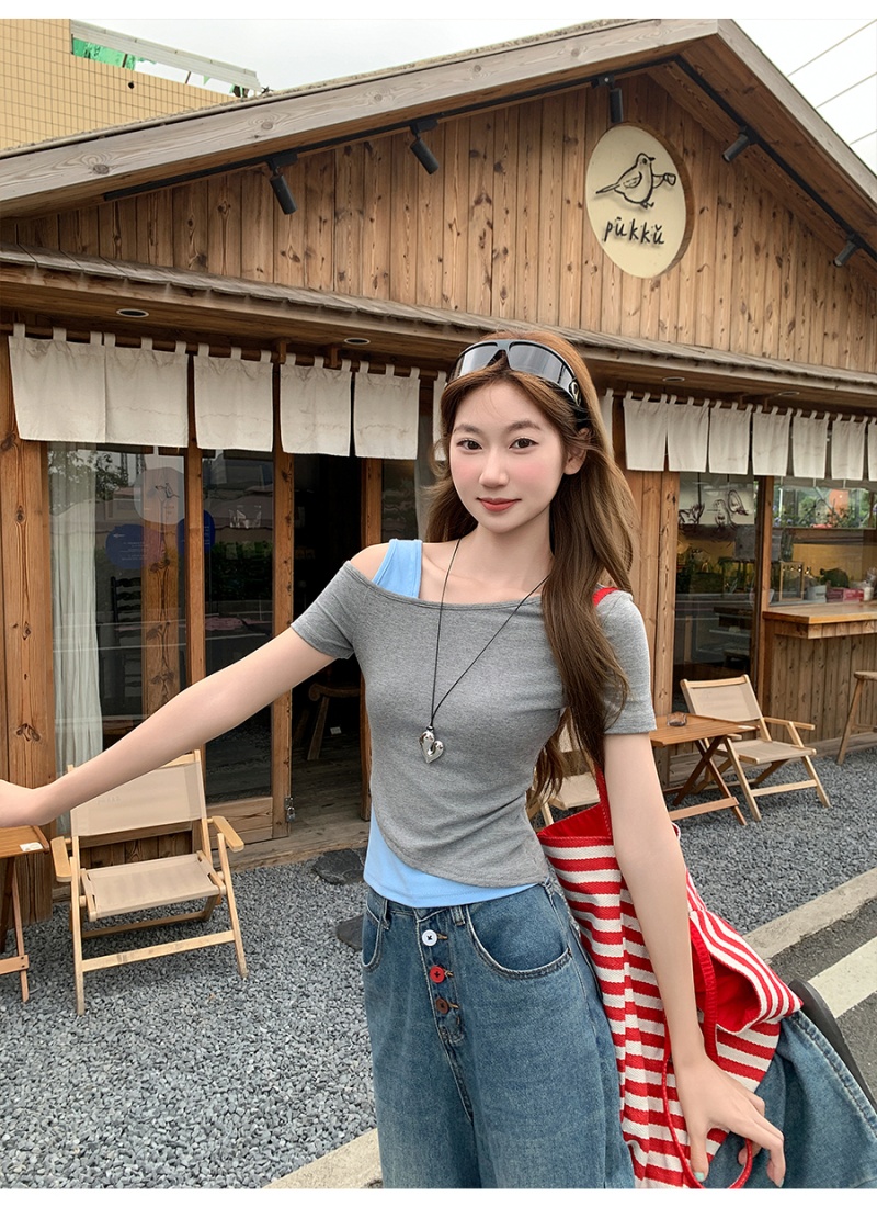 Pseudo-two short strapless tops slim unique T-shirt
