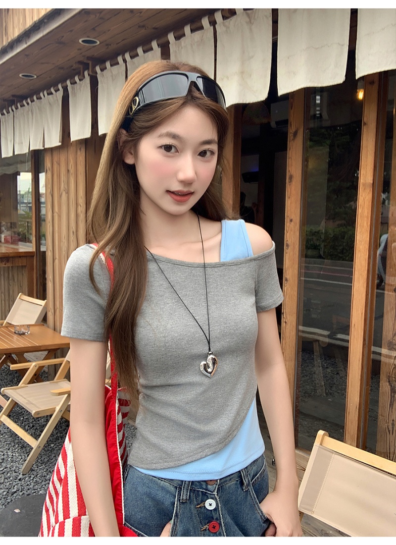 Pseudo-two short strapless tops slim unique T-shirt