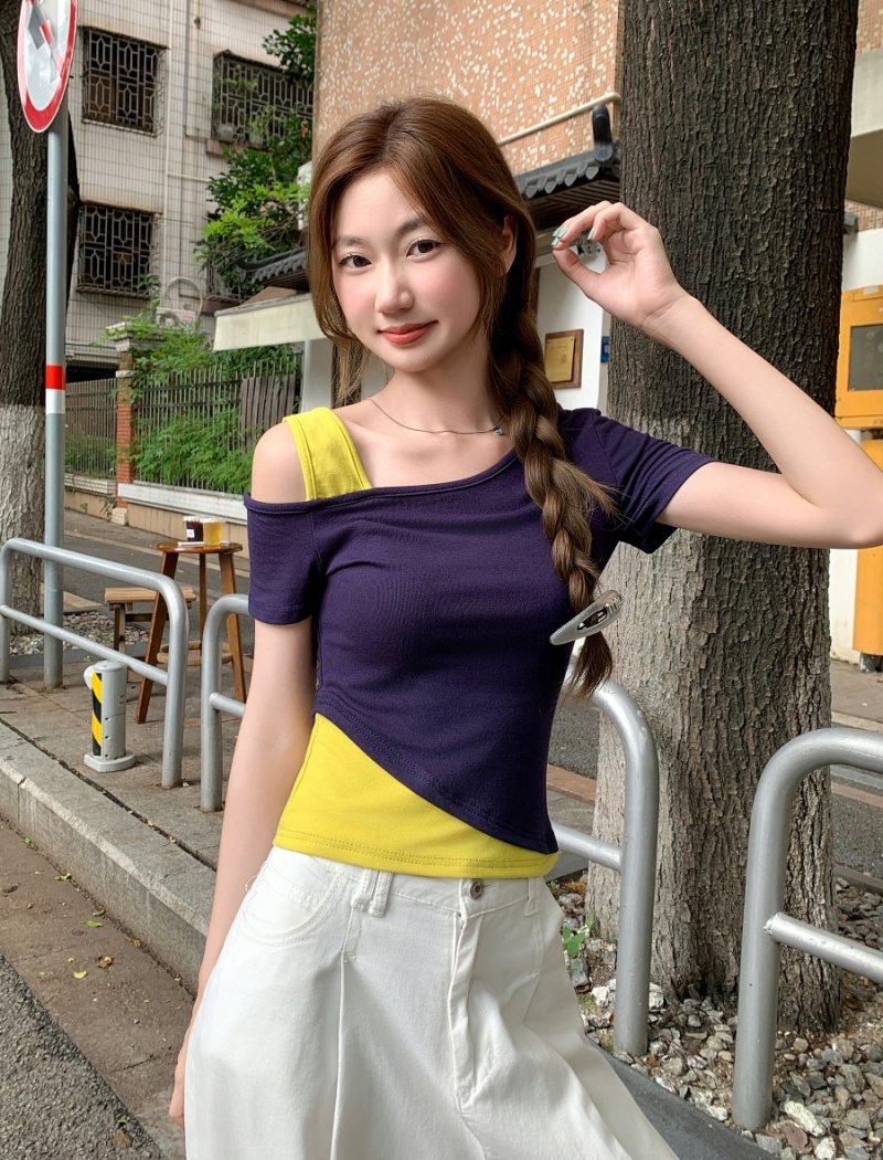 Pseudo-two short strapless tops slim unique T-shirt