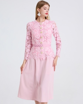 Lace splice dingkou round neck slim long sleeve dress
