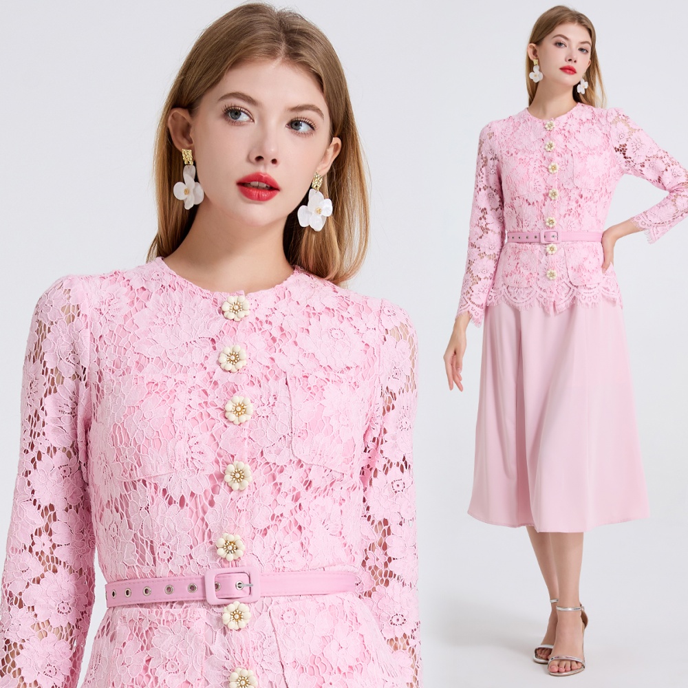Lace splice dingkou round neck slim long sleeve dress