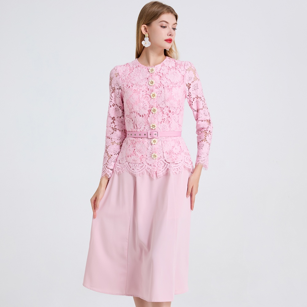 Lace splice dingkou round neck slim long sleeve dress