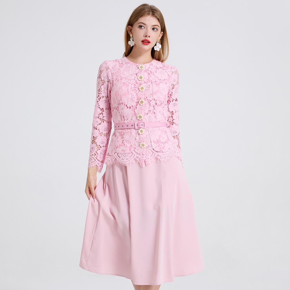 Lace splice dingkou round neck slim long sleeve dress