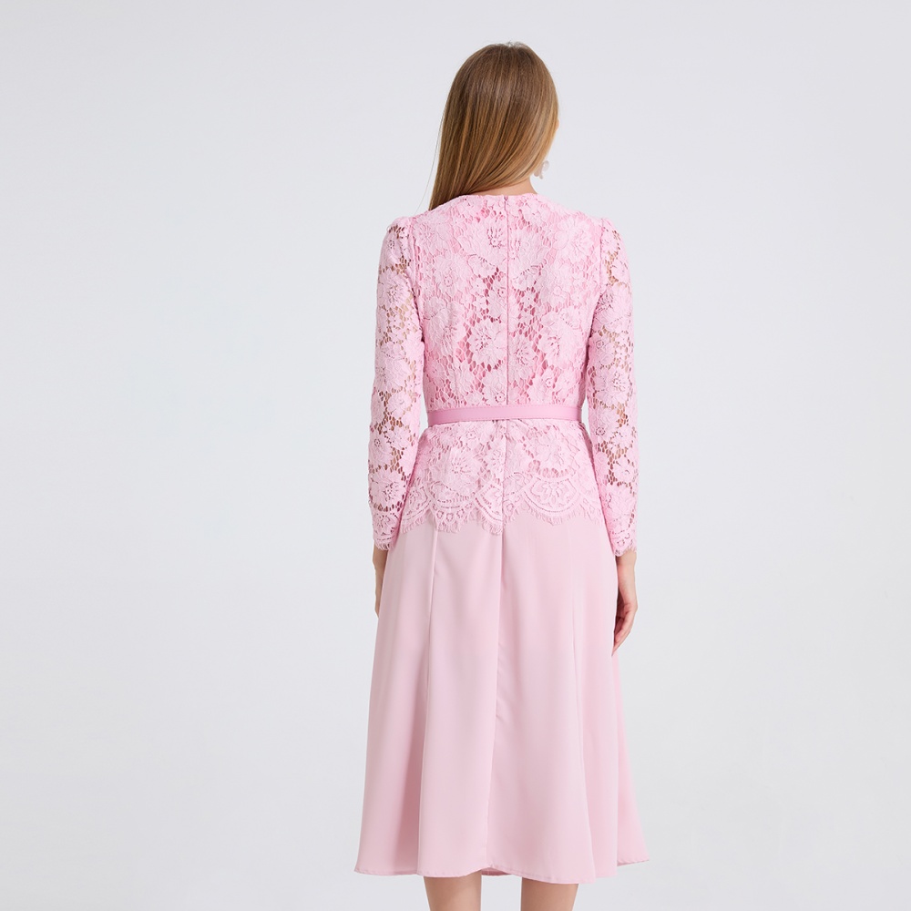 Lace splice dingkou round neck slim long sleeve dress