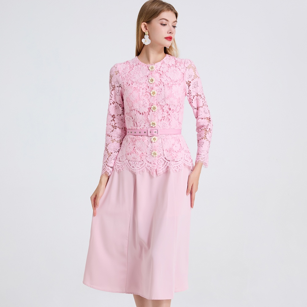 Lace splice dingkou round neck slim long sleeve dress