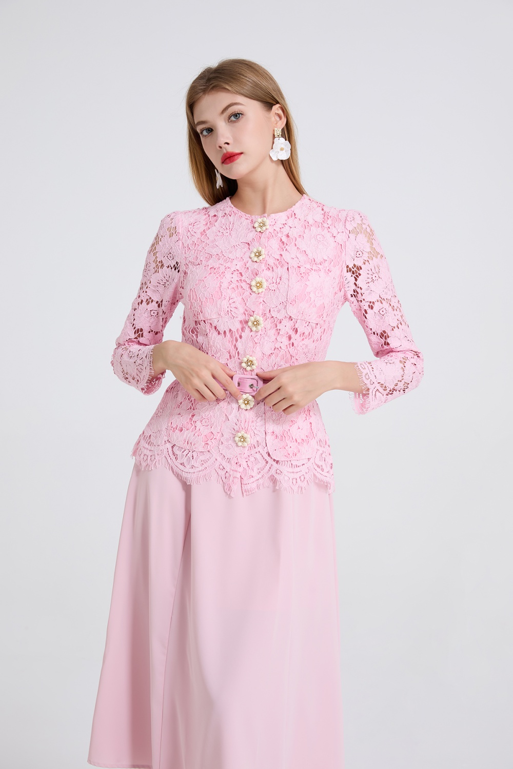Lace splice dingkou round neck slim long sleeve dress
