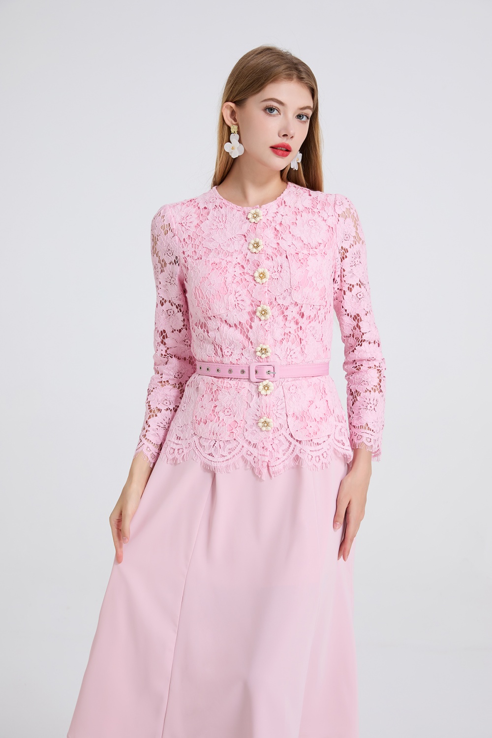 Lace splice dingkou round neck slim long sleeve dress