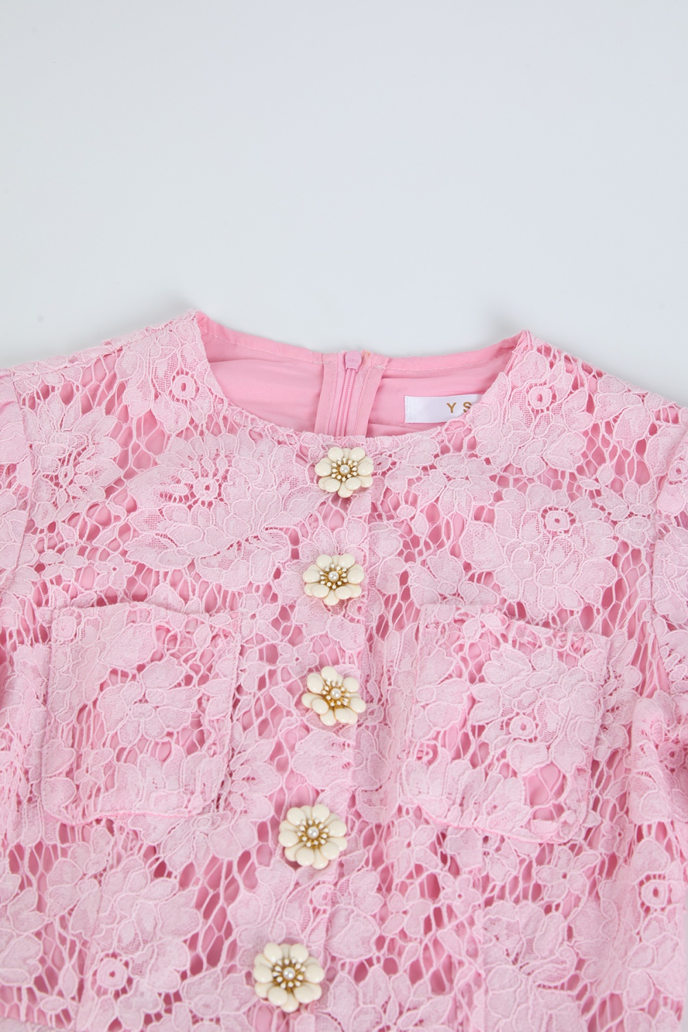 Lace splice dingkou round neck slim long sleeve dress