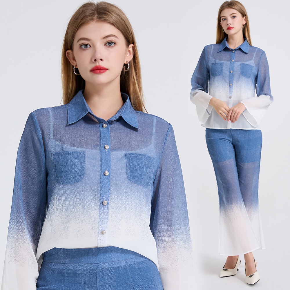 Chiffon high waist tops trumpet sleeves flare pants 2pcs set