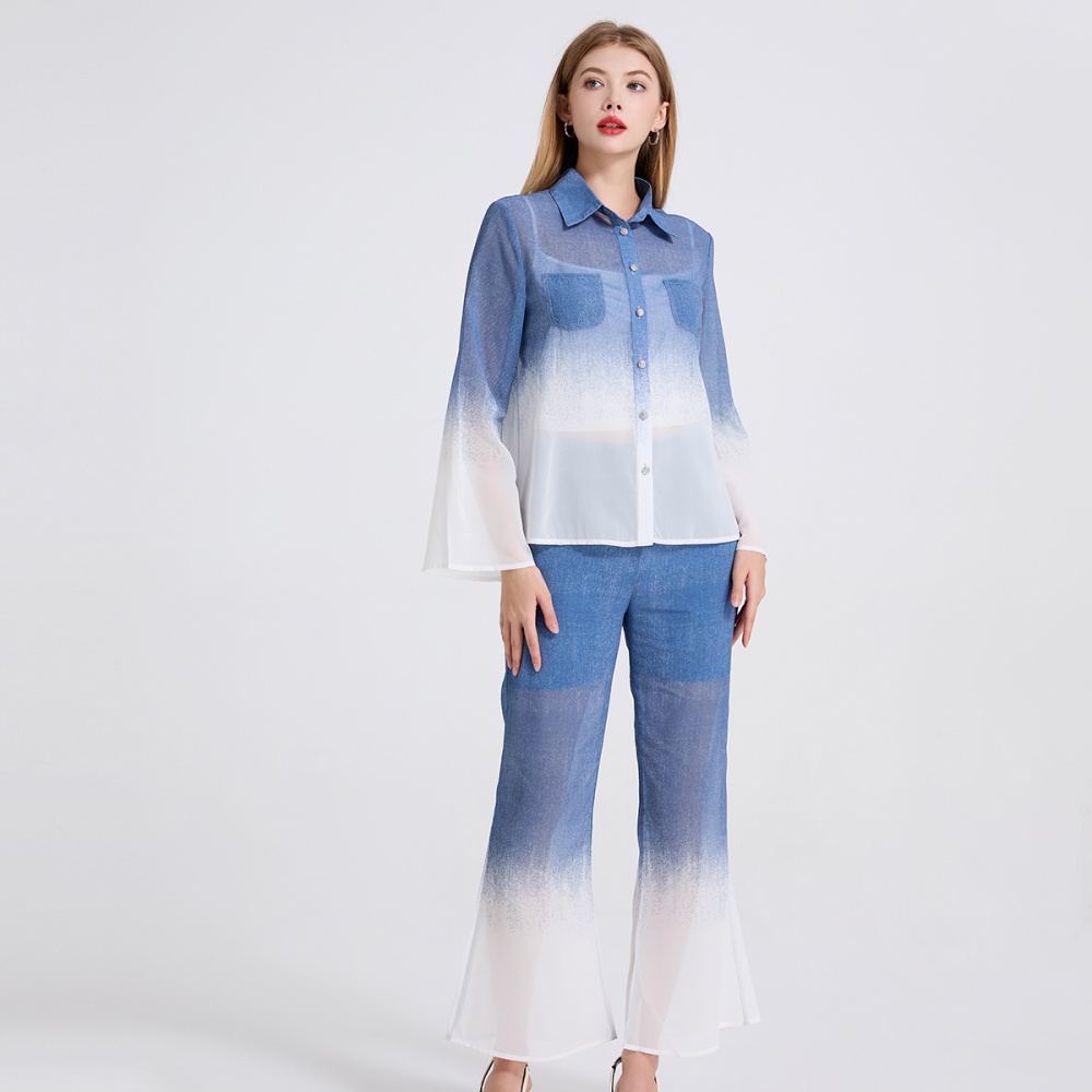Chiffon high waist tops trumpet sleeves flare pants 2pcs set