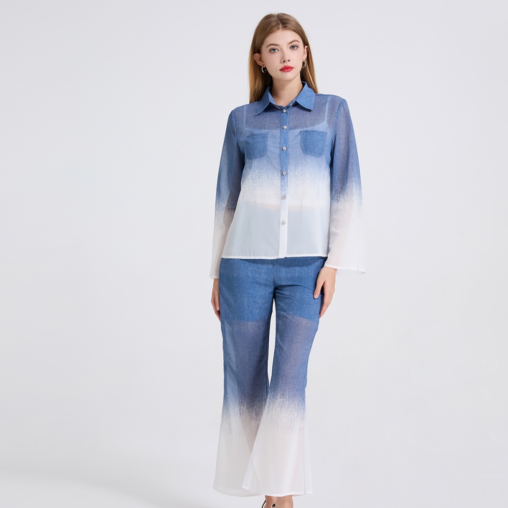 Chiffon high waist tops trumpet sleeves flare pants 2pcs set