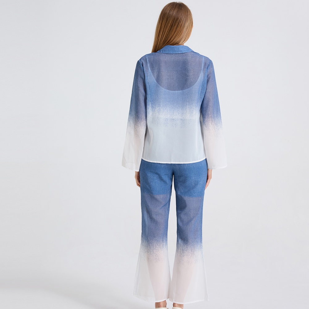 Chiffon high waist tops trumpet sleeves flare pants 2pcs set