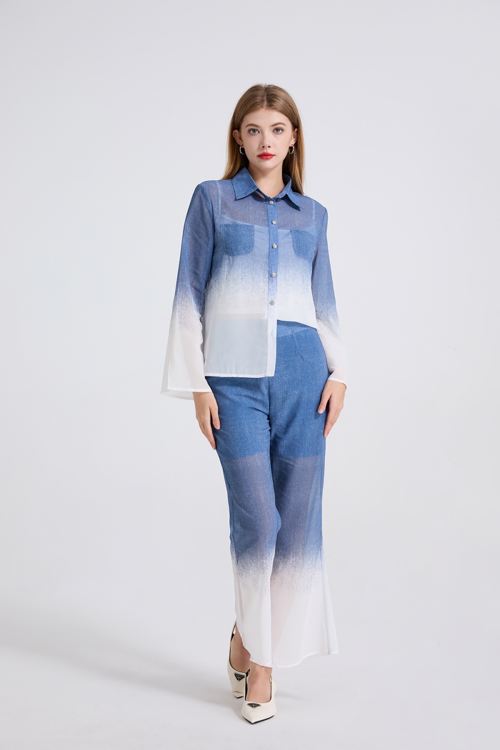 Chiffon high waist tops trumpet sleeves flare pants 2pcs set