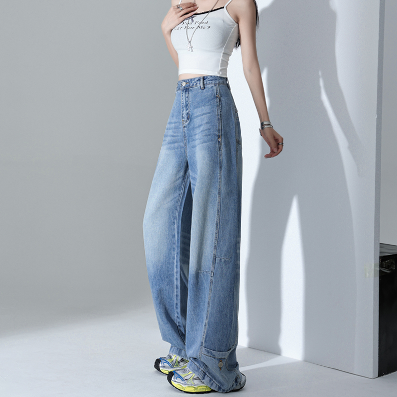 Thin ice silk summer jeans high waist all-match blue pants