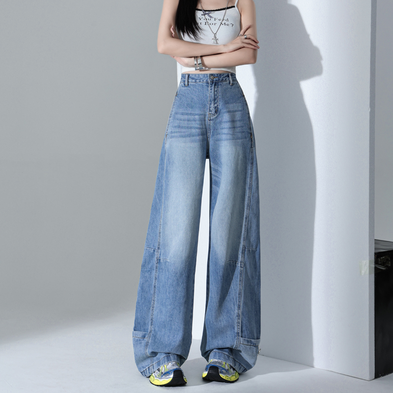 Thin ice silk summer jeans high waist all-match blue pants