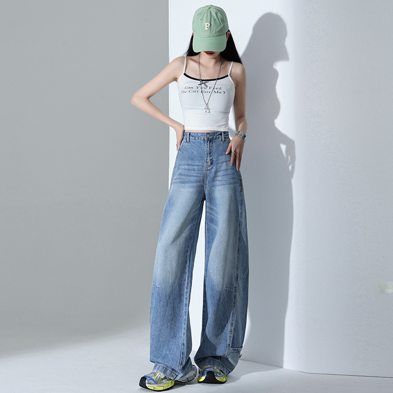 Thin ice silk summer jeans high waist all-match blue pants