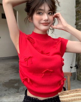 Korean style short sleeve playful tops bow slim sweater
