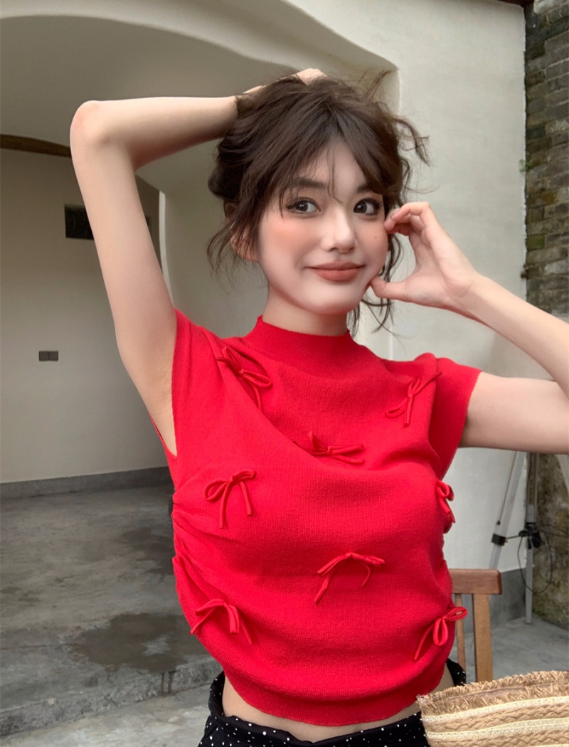 Korean style short sleeve playful tops bow slim sweater