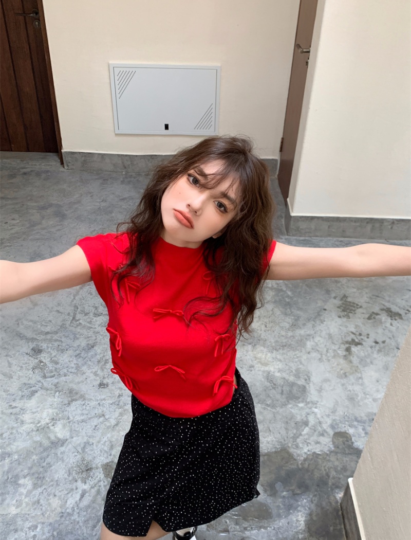 Korean style short sleeve playful tops bow slim sweater