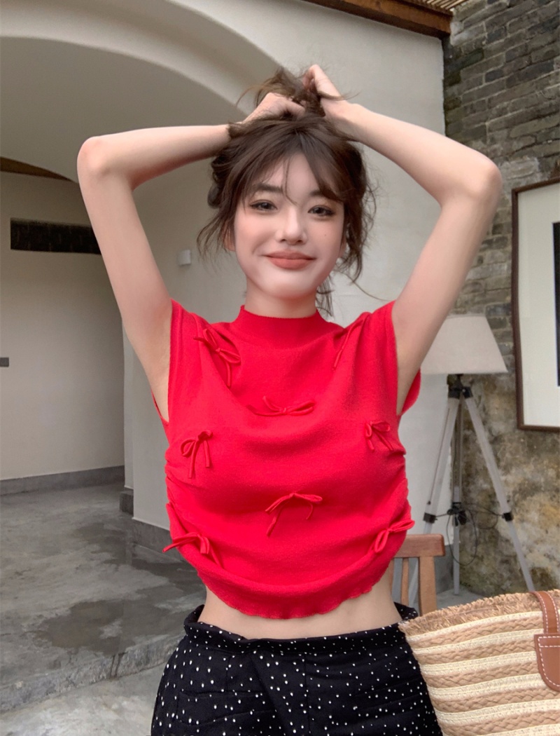 Korean style short sleeve playful tops bow slim sweater