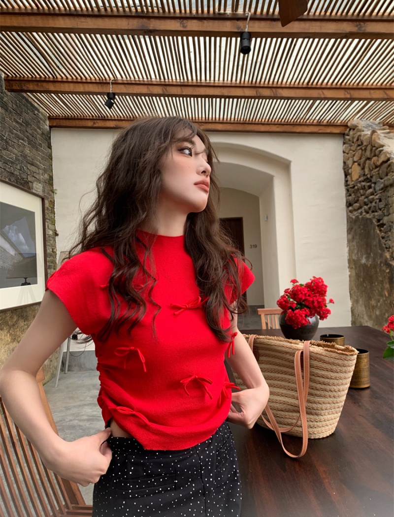 Korean style short sleeve playful tops bow slim sweater
