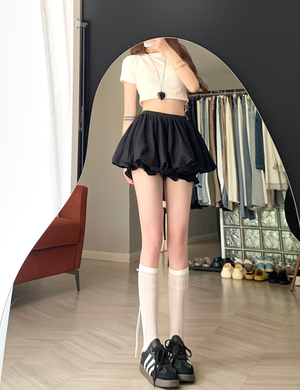Summer bud white short skirt A-line high waist bubble shorts