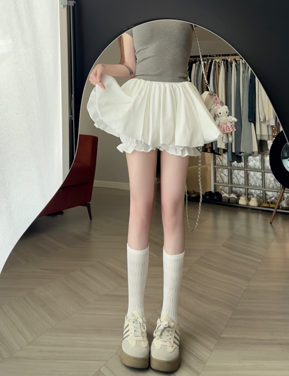 Summer bud white short skirt A-line high waist bubble shorts