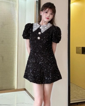 Rhinestone modeling short sleeve lapel black dress