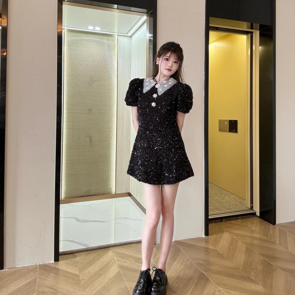 Rhinestone modeling short sleeve lapel black dress