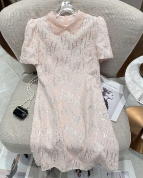 Short straight sequins doll collar dress