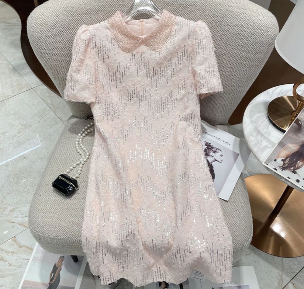 Short straight sequins doll collar dress