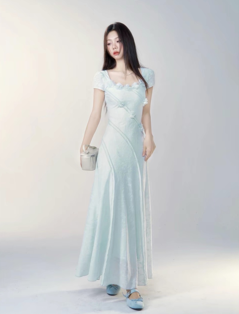 Pinched waist long dress short sleeve dress for women