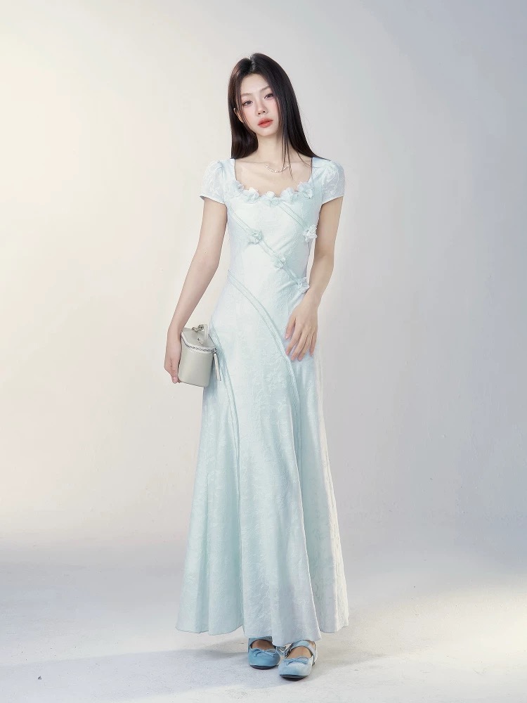 Pinched waist long dress short sleeve dress for women
