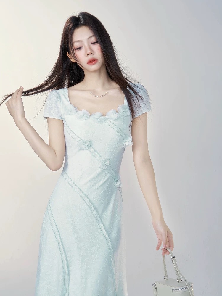 Pinched waist long dress short sleeve dress for women