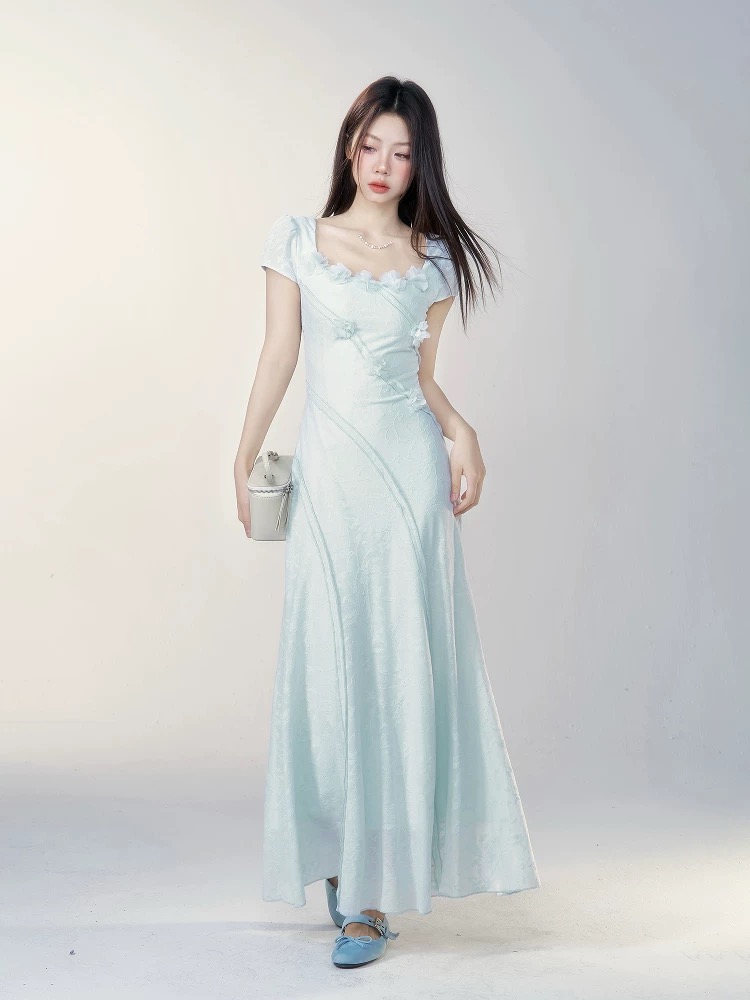 Pinched waist long dress short sleeve dress for women