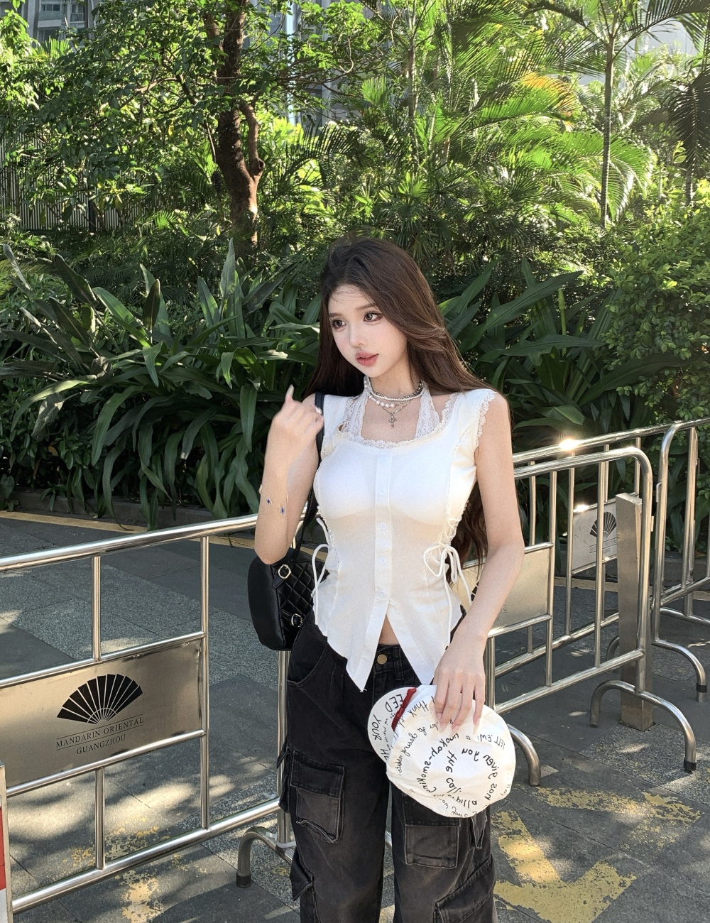 Sling white enticement tops sleeveless pinched waist vest