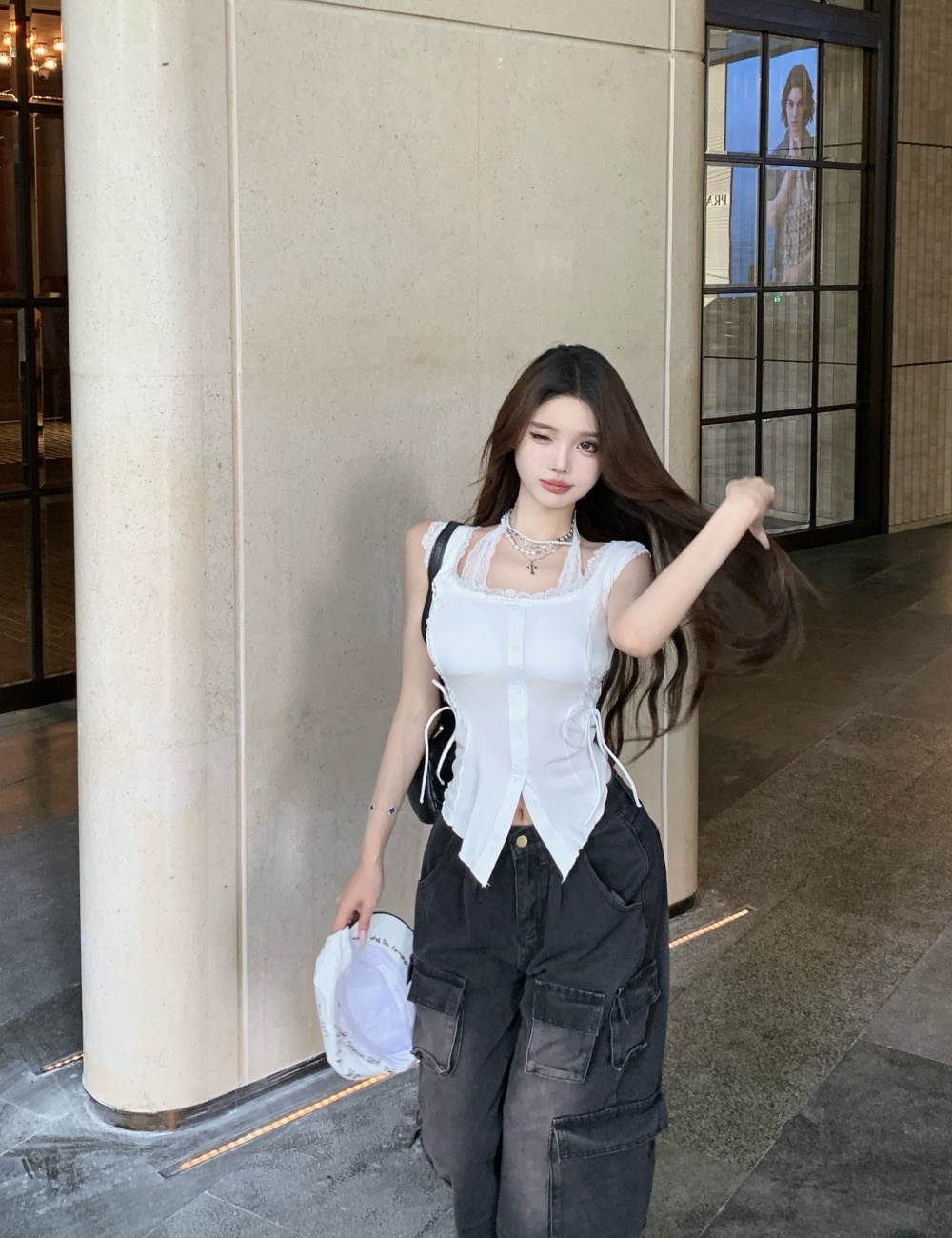 Sling white enticement tops sleeveless pinched waist vest