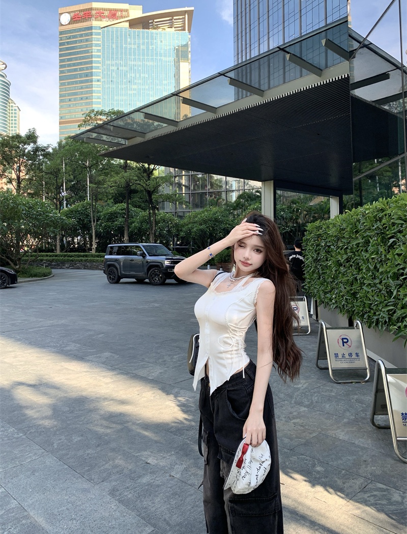 Sling white enticement tops sleeveless pinched waist vest
